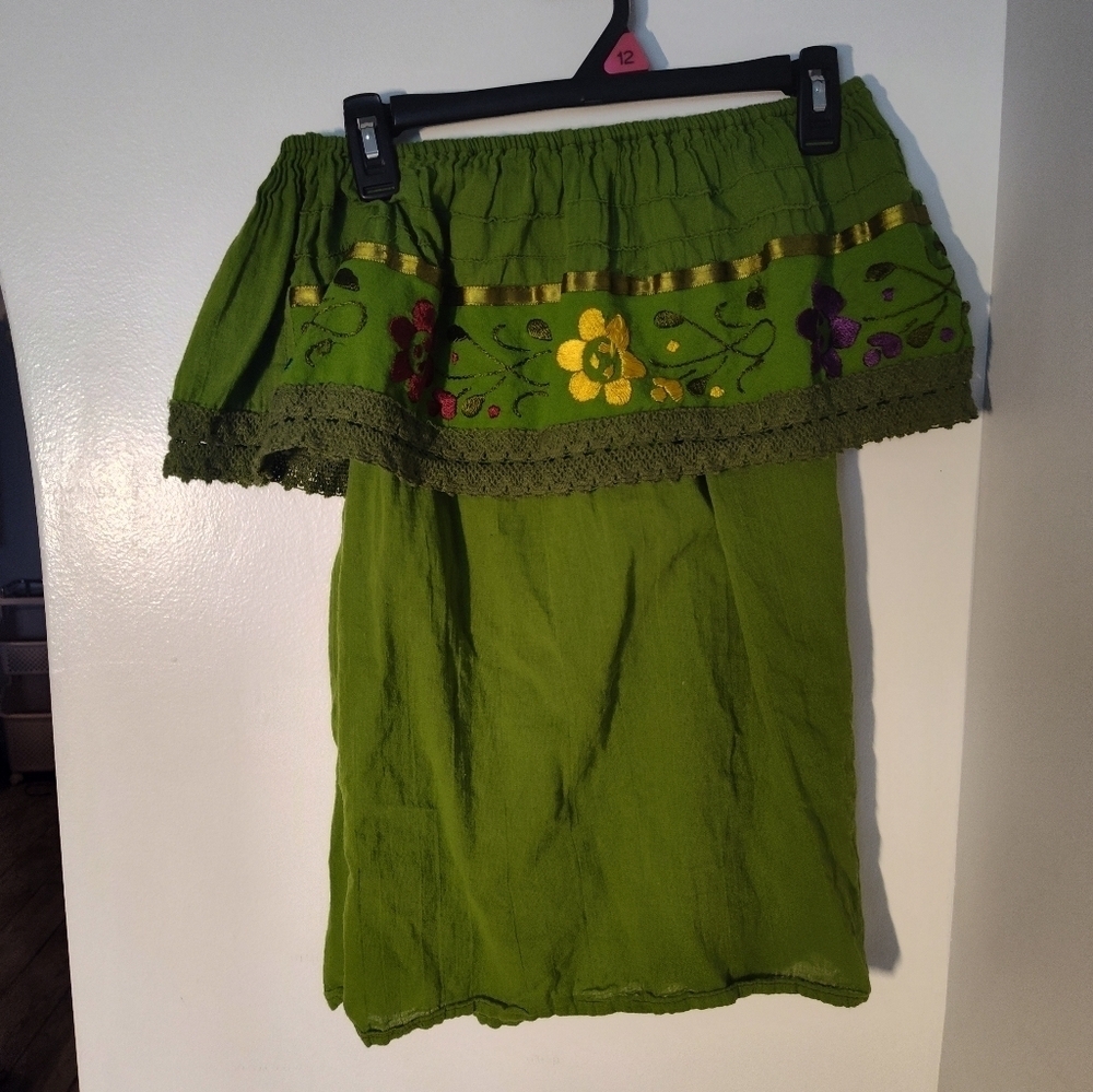 Green Embroidered Women's Off Shoulder Top Size XL #37